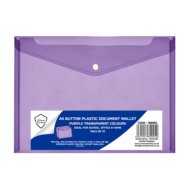 Prime A5 Stud Wallet Transparent Purple Pack of 10